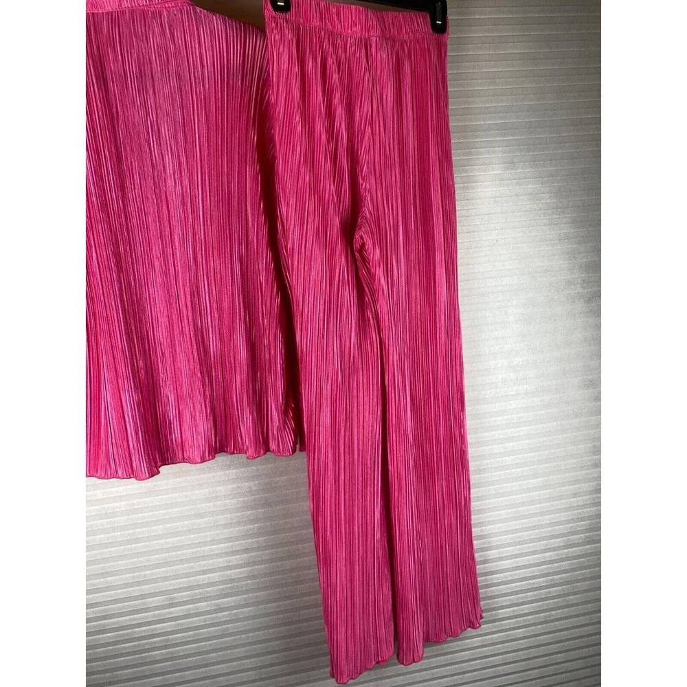 Fashion Nova 2pc Pants Top Sz S Pink Ribbed Long Sleeve Button Down V-Neck Sheer - Picture 9 of 16
